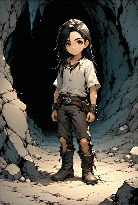 1boy, full body sprite, visual novel, very young boy, -old, hyperrealistic, detailed, cave, enfant, realistic, piercing expression, young boy, long hair, helicoid hair, black hair, innocent gaze, worn-out clothes, soot, dirty clothing, boots