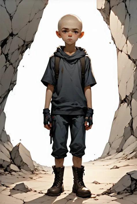 1boy, full body sprite, visual novel, very young boy, -old, hyperrealistic, detailed, cave, enfant, realistic, piercing expression, young boy, bald hair, no hair, innocent gaze, worn-out clothes, soot, dirty clothing, boots