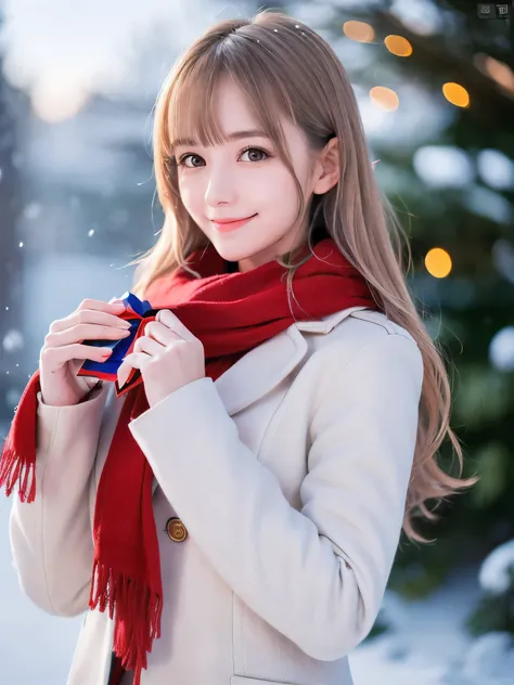 (Close-up face shot of one slender small breasts half up blonde long hair with bangs girl in a winter white long coat and red scarf:1.5)、(One blonde hair girl is holding a big gift box in arms with happy smile:1.5)、(Beautiful Christmas illumination night:1...