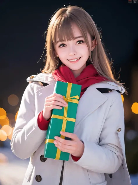 (Close-up face shot of one slender small breasts half up blonde long hair with bangs girl in a winter white long coat and red scarf:1.5)、(One blonde hair girl is holding a big gift box in arms with happy smile:1.5)、(Beautiful Christmas illumination night:1...