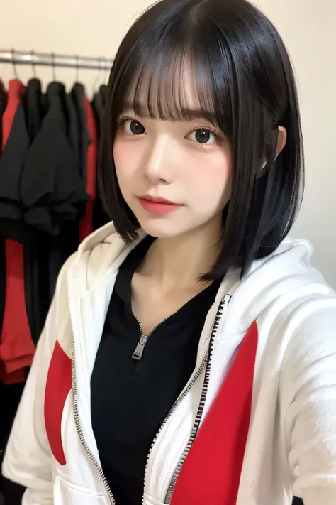 Create a selfie of a young woman with short black hair and straight bangs. She is wearing a casual black t-shirt with a graphic design in red and white, and a black zip-up hoodie. The background is a softly blurred room featuring hanging clothes in light c...