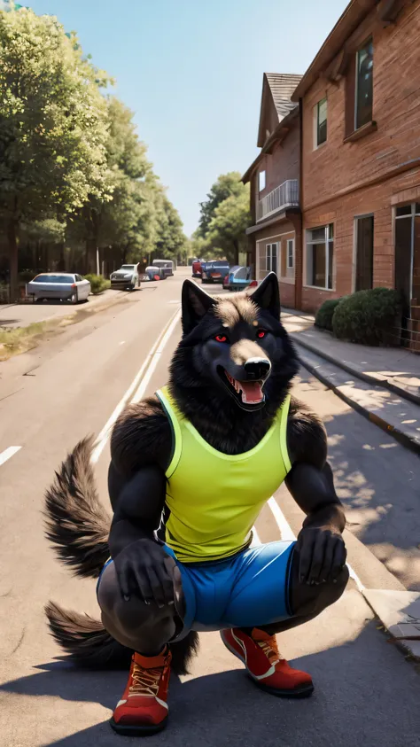 Alone,  close, black wolf,  bright red eyes ,  finger claws ,  greeting the spectator ,  light blue sleeveless shirt,  lycra shorts , happy, street, forest, houses,  squatting position , furry, wolf tail, salivating, lycra pants  