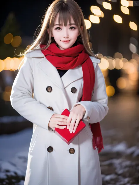 (Close-up face shot of one slender small breasts half up blonde long hair with bangs girl in a winter white long coat and red scarf:1.5)、(One blonde hair girl is holding a big gift box in arms with happy smile:1.5)、(Beautiful Christmas illumination night:1...