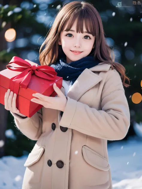 (Close-up face shot of one slender small breasts red brown wavy long hair with dull bangs girl in a winter long coat, knit sweater, skirt and  scarf:1.5)、(One girl is holding a big gift box in arms with happy smile:1.5)、(Beautiful Christmas illumination ni...