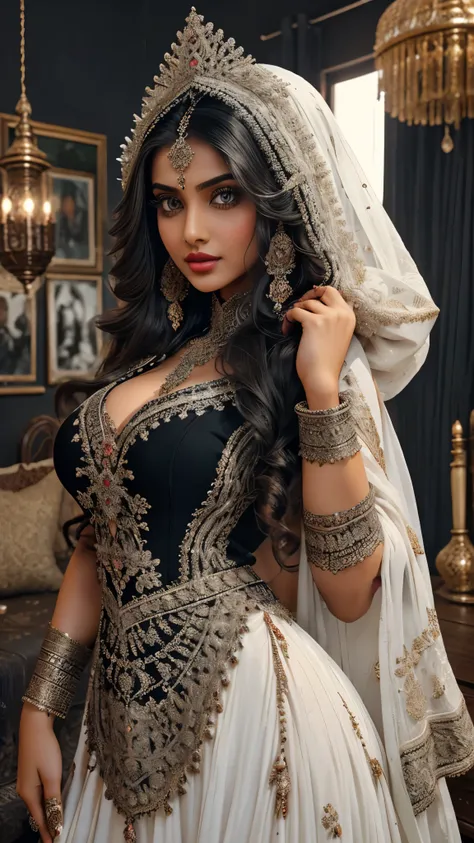 Black and white art style , Extremely detailed, women, elven, pakistani woman, beautiful body, wearing traditional anarkali , well dressed fully covered body, covered breast ( no cleavage),beautiful enormous size breast, beautiful face, small nose, sexy re...