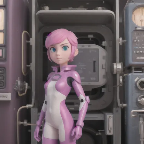 photo of a college student, Purple-Pink Gradient, futuristic space suit, (freckles:0.8) cute face, sci-fi, dystopian, detailed eyes, Heterochromia eyes（（Side view））Back Room