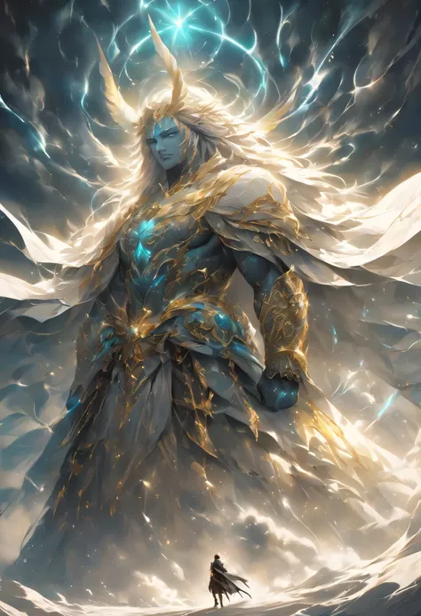   Lets make a realistic style digital art work , of the wind、Dark dark background 、A large group of glowing giant gods are marching 、 and a giant giant god soldier is staring at them with their arms folded behind them 、Dust cloud、 best quality