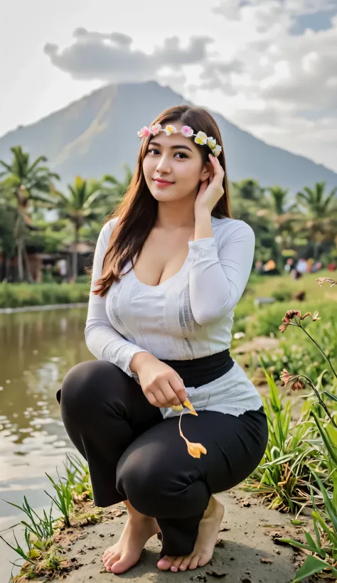  Indonesian-Asian girl Traditional dress Asian Javanes Long Sleeves White color. black long skirt. ((Big boobs 2  .3)).  Squat by the river . white shoes.  Mountain landscape background .  River background many banana trees . ((Detailed finger finger .)) (...