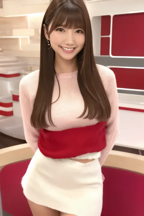  brown hair、 straight hair、With bangs、smile、Beautiful breasts、 slim body、Pink knitted sweater、 white miniskirt 、 in sexy red lingerie、In the morning news studio