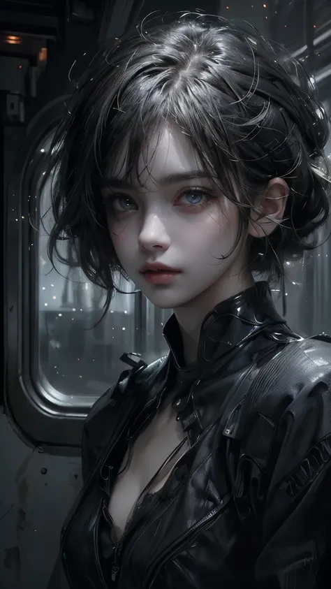 (Outside is a galaxy ,Girl on a train looking out , face sideways  , crosses legs), (masterpiece,  best quality :1.2), ((  best quality , 8k, masterpiece: 1.3)), Beautiful Slender Stomach : 1.3, ( short hair,  smaller: 1.2),  very detailed face ,  beautifu...