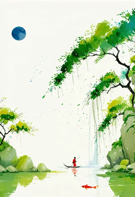 Chinese ink painting sketch:,lowercase ,sketch, artistic conception ,(( Koi Falls Climb))、moon、 waterfall stream , minimalism ,(Negative Space , bottom left composition )