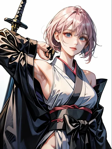  1 girl has 、a beauty girl、With a girl、 Black Kimono、[Strange Eyes、 I have a scar on my right cheek 、Girl with sword、A detailed face、High image quality、 simple background、 White background 、Dead attire、simple kimono、 Standing straight 、From the waist up、 s...