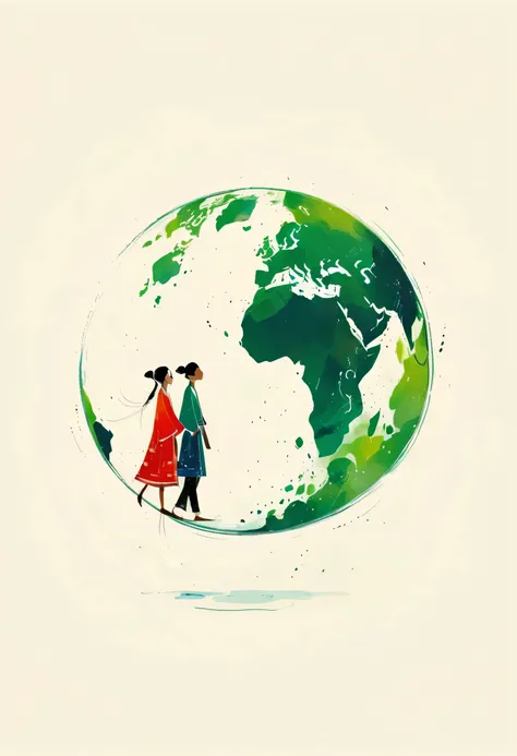 Chinese ink painting sketch:,lowercase ,sketch, artistic conception ,((Like the world々What race is holding hands))、Earth、circle, minimalism ,(Negative Space , bottom left composition )