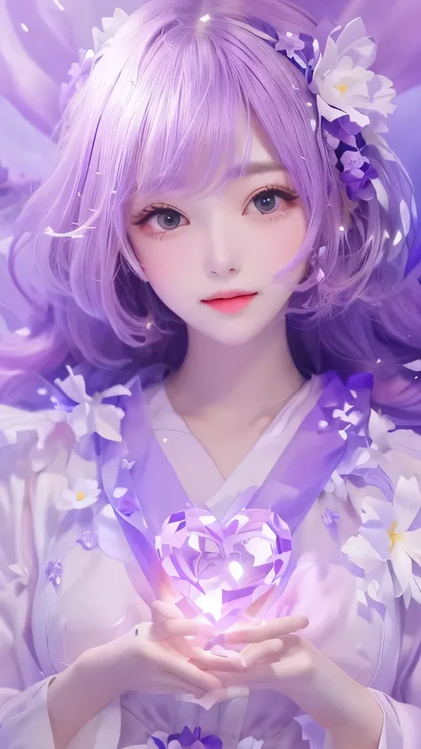 A woman surrounded by light purple flowers、 holds a heart crystal in her hand