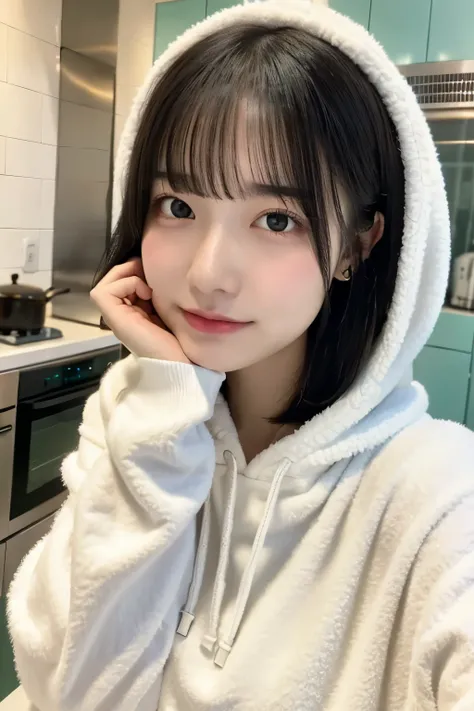 Create a portrait of a young woman with short black hair and straight bangs. She is wearing an oversized fluffy white hoodie, sitting in a cozy indoor setting with a teal-colored wall and stainless steel kitchen equipment in the background. Her expression ...