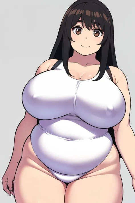 Chubby girl with big breasts black hair brown eyes happy long messy hair smiling white leotard