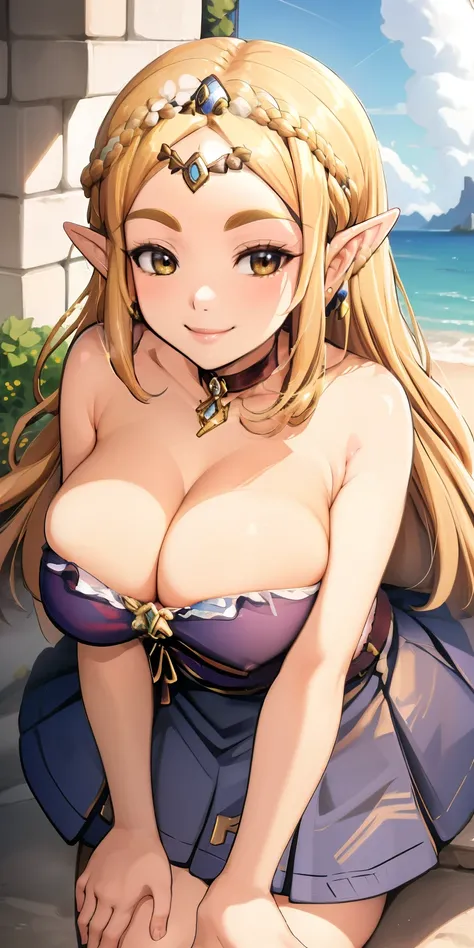 long hair, choker. busty (((firm DD-size breasts))), Bermuda ( wide hips ), ( thick thighs ), lythe figure, curvy, voluptuous figure, sexy princess, sexy princess dress, low neckline, maxi skirt, posing in a castle, coy smile, trending on Artstation, digit...