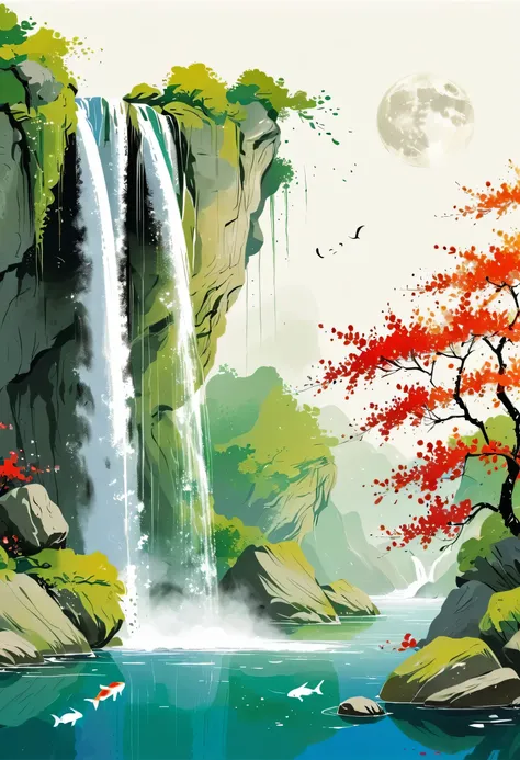 Chinese ink painting sketch:,lowercase ,sketch, artistic conception ,(( Koi Falls Climb))、moon、 waterfall stream , minimalism ,(Negative Space , bottom left composition )