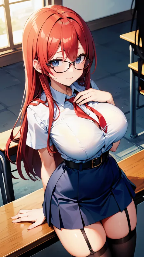 8k high resolution ( super detailed), masterpiece, ( best quality)　 anime illustration　 detailed eyes on board,  detailed face 　 detailed hands 　Fine hair　 very elaborate body、 fine skin 　 one girl　 long hair　 red hair　 high school uniform 　 white shirt　 n...