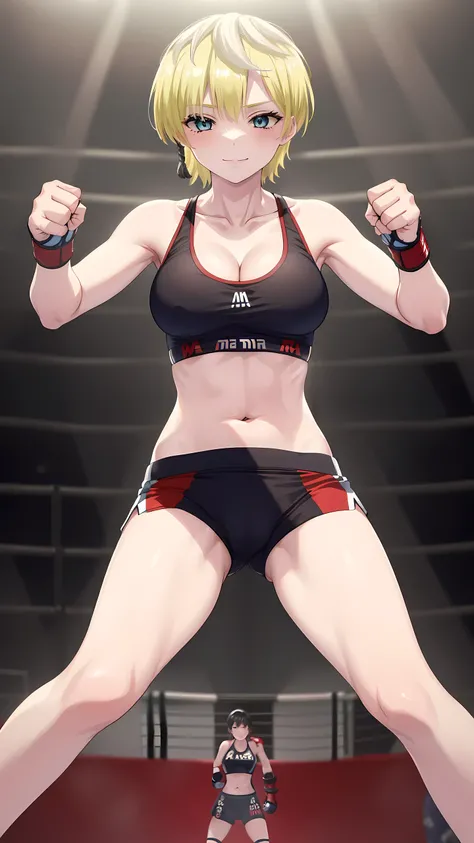 tenkaizumo, izumo, tenka, short hair, Blue eyes, blonde, (1 girl), 8K, masterpiece, Highest quality, Detailed eyes, Detailed face, medium breast, (wearing sports bra:1.5, fit spats:1.5, bare thigh, cleavage, small navel, sleeveless), (MMA Arena :1.5), Tone...