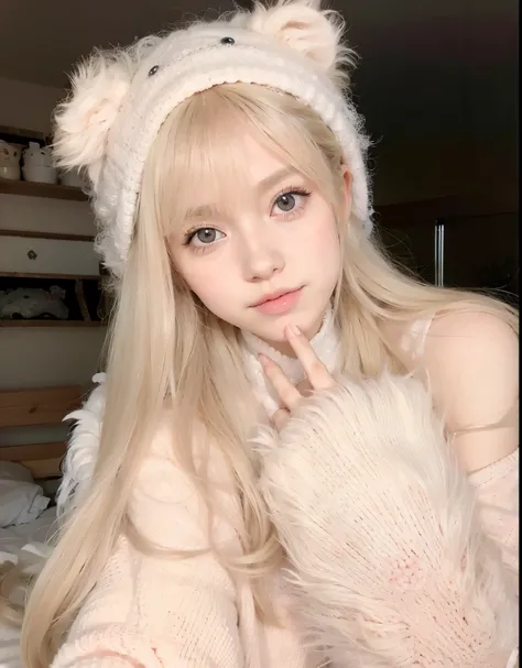 blonde girl with long hair, wearing a furry outfit, linda Delphine, very pretty cute kitten, cute realistic portrait, ultra-realistic sweet bunny , Kemonomimi, cute natural anime face,  anime in real life,  anime with cat ears, long blond hair and big eyes...