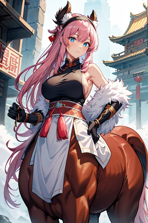 4K, high definition ,One Woman,Centaur, pink hair, long hair , blue eyes , brown fur, huge boobs from afar,Ancient Chinese Swordsman ,White Chinese dress,Sleeveless,Sideboob, White Long Gloves, headband, longsword , Ancient Chinese Castle Towns