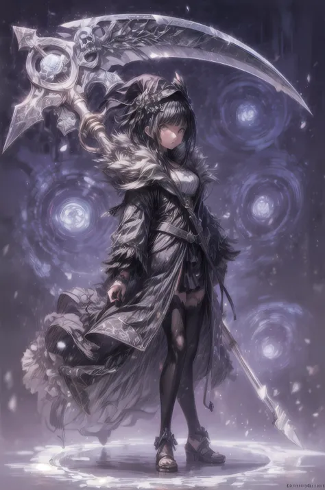 she has a large scythe that is twice the size of his body. Anime illustration of a girl. The sickle has a complicated pattern. Skull accessories. dynamic angle. minimalist background. Octane rendering. Masterpiece, highest quality, highly detailed CG Unity...