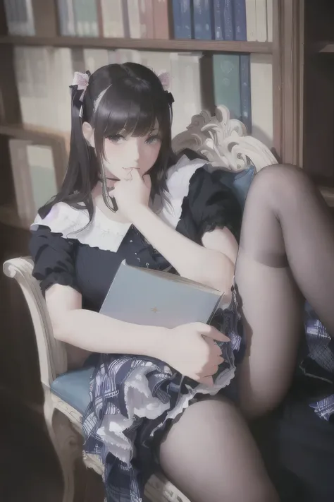 There is a woman sitting in a chair reading a book.。, a  hyper-realistic high school girl, Portrait of Radical Lolita , , Magical Girl Portrait,  hyper-realistic high school girl, sakimichan, Dark mood scene, Realistic young gravure idol,  anime girl cospl...