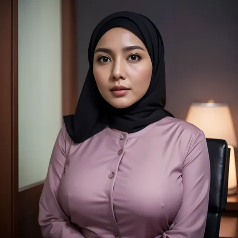 40 years Old, Hijab Indonesian Beauty woman, Big  : 188.9, doctor suit,, Breast about To burst out from her clothes, at doctor office, Dark light, at Nighttime.