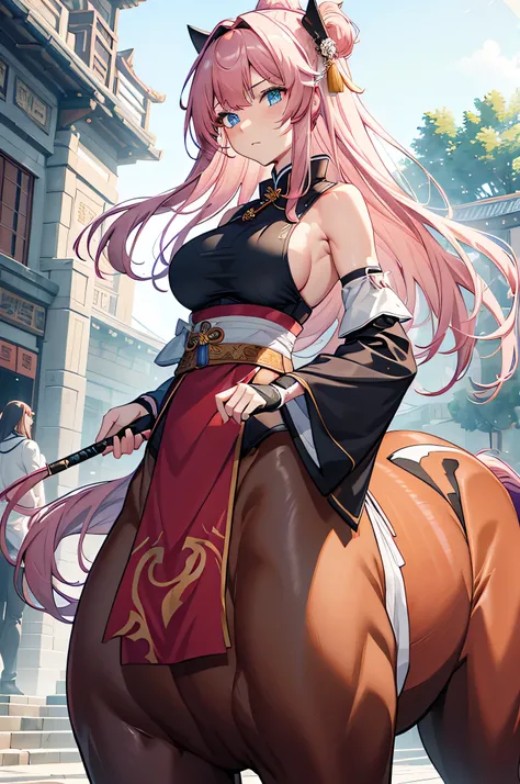 4K, high definition ,One Woman,Centaur, pink hair, long hair , blue eyes , brown fur, huge boobs from afar,Ancient Chinese Samurai ,White Chinese dress,Sleeveless,Sideboob, White Long Gloves, headband, longsword , Ancient Chinese Castle Towns