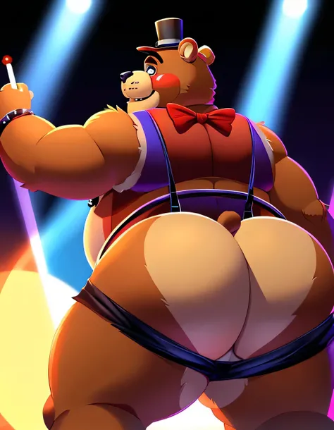 A red chubby male anthropomorphic bear wearing,a vest, short shorts, suspenders, top hat, bowtie and cuffs, holding a magical wand , FNAF (Freddy Fazbear), NSFW, turned around, exposing his big, round, obese butt, shaking his butt as show.