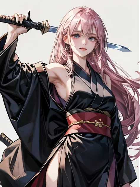 1 girl has 、a beauty girl、 Black Kimono、[Strange Eyes、 I have a scar on my right cheek 、Girl with sword、A detailed face、High image quality、 simple background、 White background 、simple kimono、 Standing straight 、From the waist up、 similarly 、 grim Reaper、Pi...