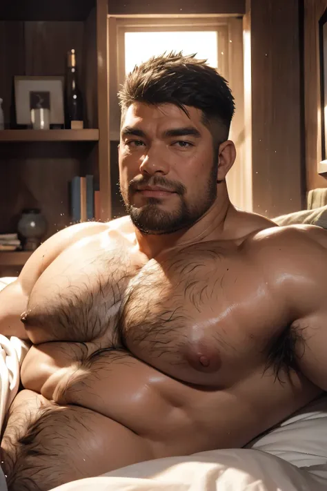 ((upper body:1.2)),A portrait full body photograph, strong burly hairy mature 40years Mongolian man, A tractive mid age Mongolian,Round face:2,heavy worker, hard worker, balg Strong, muscular, hairy big belly,( (looking at viewer)),((((detail eyes)))), ((w...