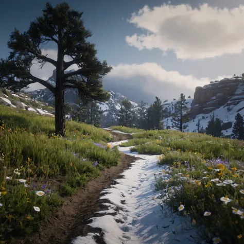 cinematic film still of cinematic no people, Close up od a really snowy mountian really deep snow ,with snow ,pathway ,wildflowers , outdoors,sky,cloud,tree,grass,ground,wildflowers, epic, Western, adventures, outlaw, Red Dead, Western United States, wil...