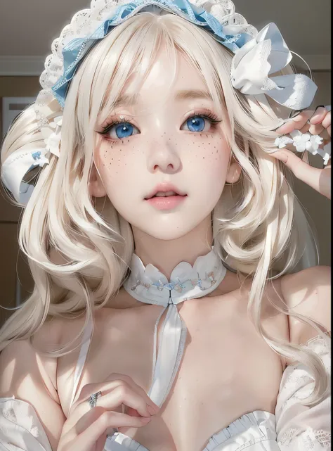 blond haired girl with blue eyes and a white dress and a blue hat, white bangs, white hime cut hairstyle, white cloud hair, ulzzang, pale porcelain white skin, pale milky white porcelain skin, white fox ears, white fringy hair, kawaii aesthetic, white curl...