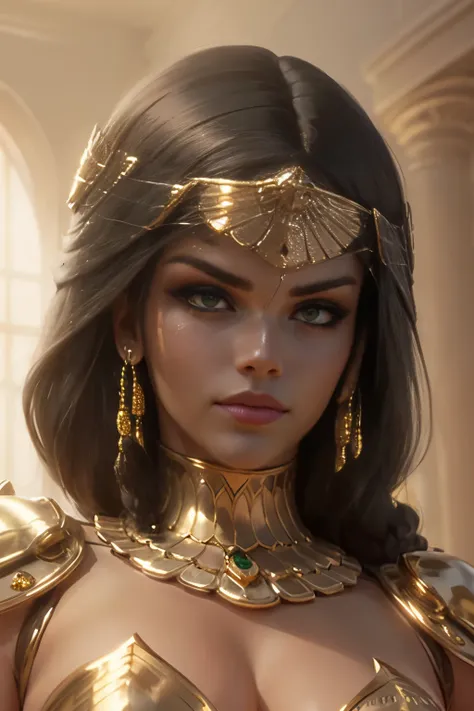 hyper realistic portrait shot of a beautiful egyptian queen, looking down proudly on the camera with her expressive green eyes, tanned skin tone , thin nose , black braided bob hair with golden accessories and jewelries , wearing a white see tough dress