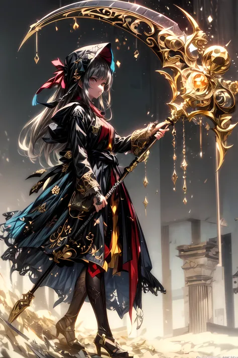 she has a large scythe that is twice the size of his body. Anime illustration of a girl. The sickle has a complicated pattern. Skull accessories. dynamic angle. minimalist background. Octane rendering. Masterpiece, highest quality, highly detailed CG Unity...