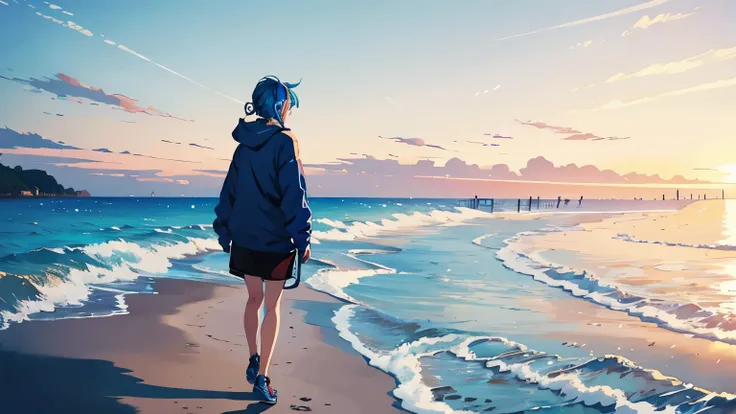 Blue-haired woman, wearing headphones, profile, walking on the beach,