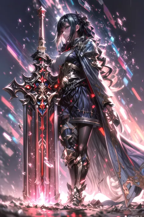 she has a large Sword that is twice the size of his body. Anime illustration of a girl. The Sword has a complicated pattern. Skull accessories. dynamic angle. minimalist background. Octane rendering. Masterpiece, highest quality, highly detailed CG Unity 8...