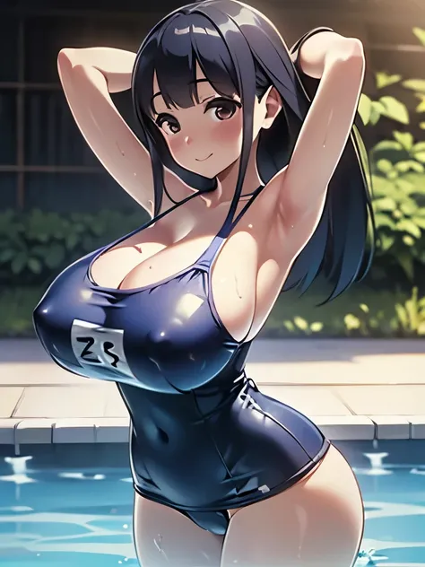 (超 Hi-Res,4K, very detailed, 8k,  Hi-Res,  Hi-Res,  absurd:1.2), Japanese girl, Long Black Hair, bangs bangs,  beautiful character design, perfect face, beautiful eye detail, affectionate eyes, Brown Eyes , Embarrassing Smile, (School swimsuit), huge boob,...