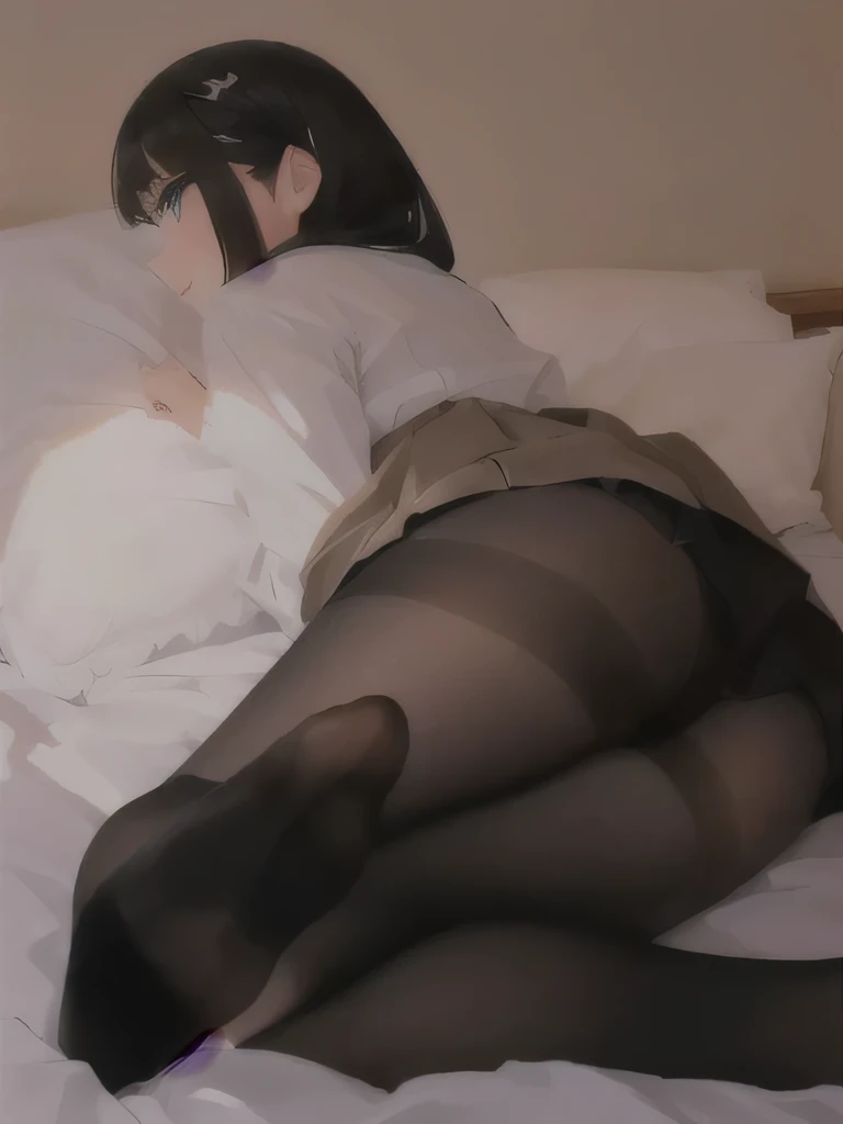 there is a woman laying on a bed with  stockings on, a  hyper-realistic high school girl, パンティ stockings, full length and white  stockings,  hyper-realistic high school girl, Japanese, There is a woman in uniform riding thigh-length socks and skirts ,  sto...