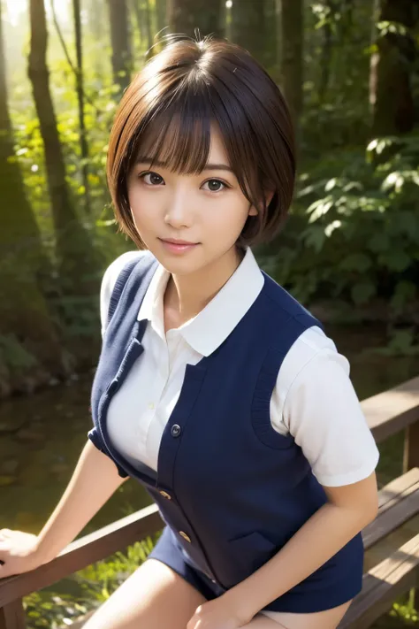  best quality,  face focus ,  soft light,  ultra high resolution with forest background, ( photo realistic:1.4),  RAW photos , 1 Japanese Girl, solo, cute, ( shy smile :0.5), ( Brown Eyes , Light in the eyes),  detailed and beautiful face, ( small breasts)...