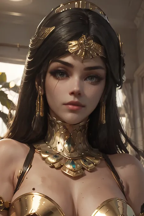 hyper realistic portrait shot of a beautiful egyptian queen, looking down proudly on the camera with her expressive green eyes, tanned skin tone , thin nose , black braided bob hair with golden accessories and jewelries , wearing a white see tough dress