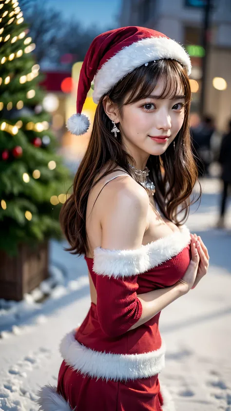 (Expressions of joy:1.2), from side, Photographically,  Official Art,  unity 8k Wallpaper ,  8K Portrait ,   best quality 、 Max Image、masterpiece、  full body photo 、Bans、((( Santa Claus Cosplay )))、Red and white knit hat、 red and white off-shoulder sweater...