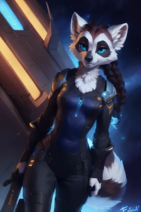 beautiful and detailed portrait, (masterpiece, best quality), [sharp focus], warm ambient lighting, skinny, (female anthro lemur), ringtail lemur, adorable female, white fur, long braided hair, blue eyes, medium breasts, sci-fi bodysuit, full body portrait...