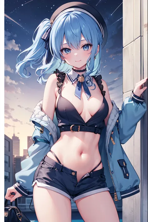 (8k、Best image quality、highest quality)、Detailed face、 1teen_girl、Blue Hair、Long Hair、sideponytail、dark_blue_eyes、smile,(peek_navel:0.7),(small_breasts:0.8),(White_T-shirt:1.3)、Off_shoulder、Black shoulder straps、(open_front_shorts,denim_short_shorts:1.2)、C...