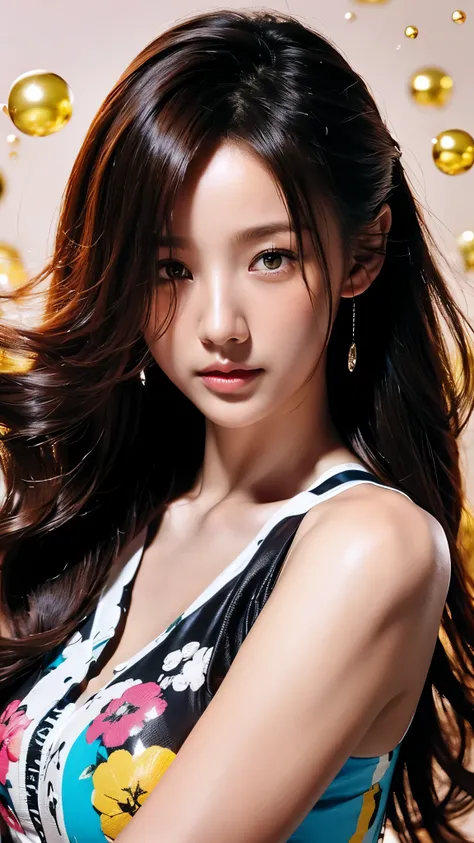 (masterpiece), (best quality), (ultra detailed),(disheed hair),(illustration), (1girl), (Fashionable clothing), standing, Fashion model, looking at viewer, (interview), (simple background), Beautiful detailed eyes, delicate beauty, floating, (high saturati...