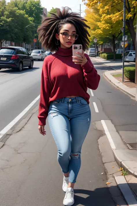 best quality, clear quality, high quality, 4K, 8k, young afro woman, selfie, black hair, walking in the evening park, wearing jeans and sweater, sexy posing