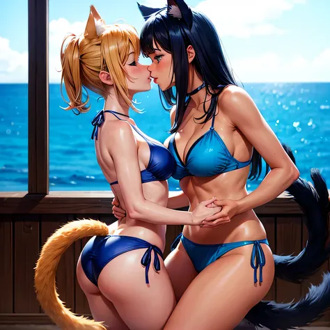 Girls with a cat tail lesbian kiss in blue bikini 