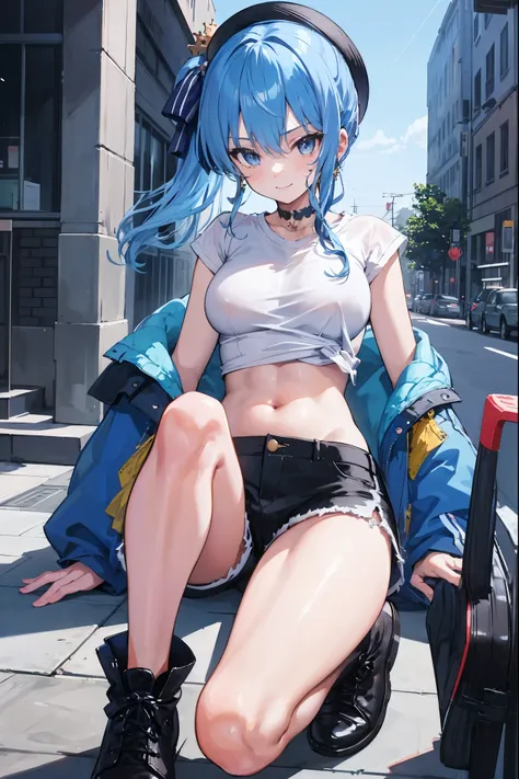 (8k、Best image quality、highest quality)、Detailed face、 1teen_girl、Blue Hair、Long Hair、sideponytail、dark_blue_eyes、smile,(peek_navel:0.7),(small_breasts:0.8),(White_T-shirt:1.3)、Off_shoulder、Black shoulder straps、(open_front_shorts,denim_short_shorts:1.2)、C...